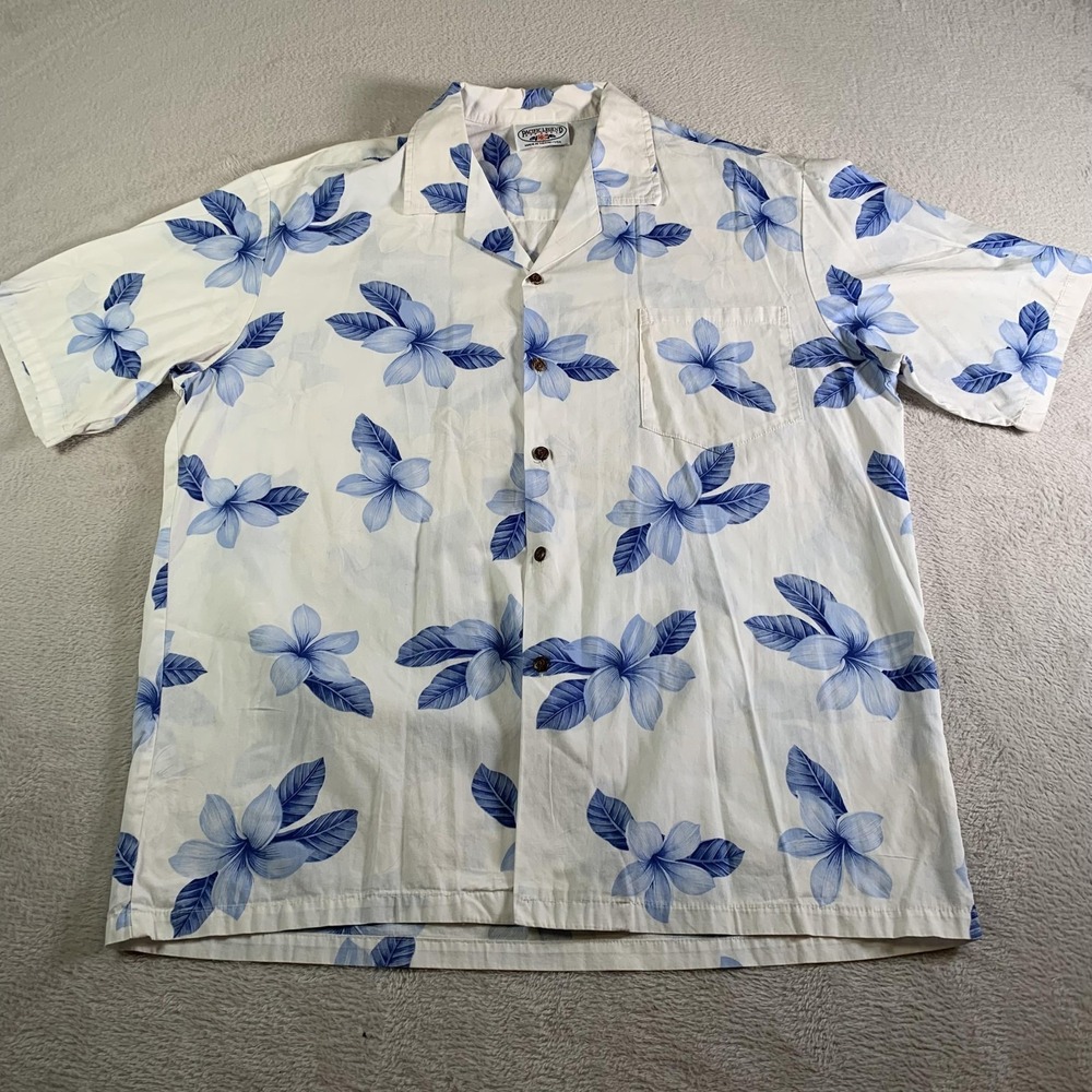 Vintage Pacific Legend Apparel Shirt Mens XL White Blue Floral Hawaiian Cotton‎